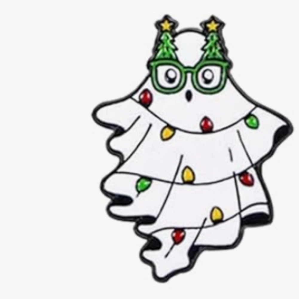 Cute Christmas Ghost Enamel Pin in White with Green Glasses